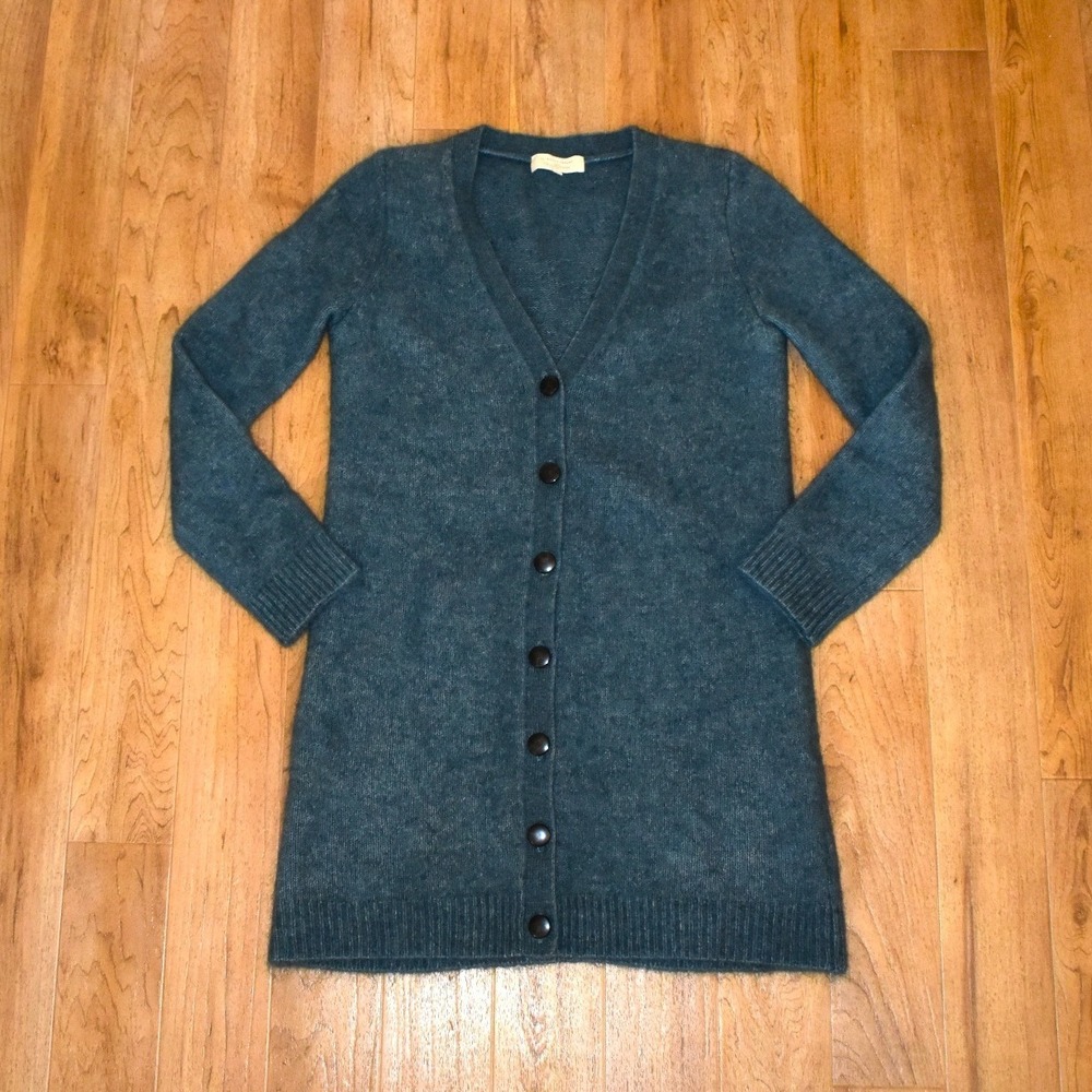 Sezane Mohair Long Cardigan Sweater Womens Medium Green Longline V-Neck Wool - Picture 2 of 4